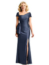 Elegant Mermaid Asymmetrical Satin Cap Sleeves Mother of the Brides Dresses Slit