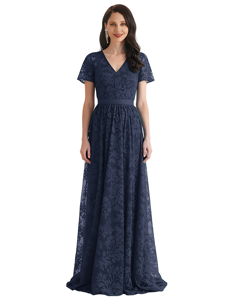 Elegant Chiffon V-neck Short Sleeves A-line Long Mother of The Bride Dresses
