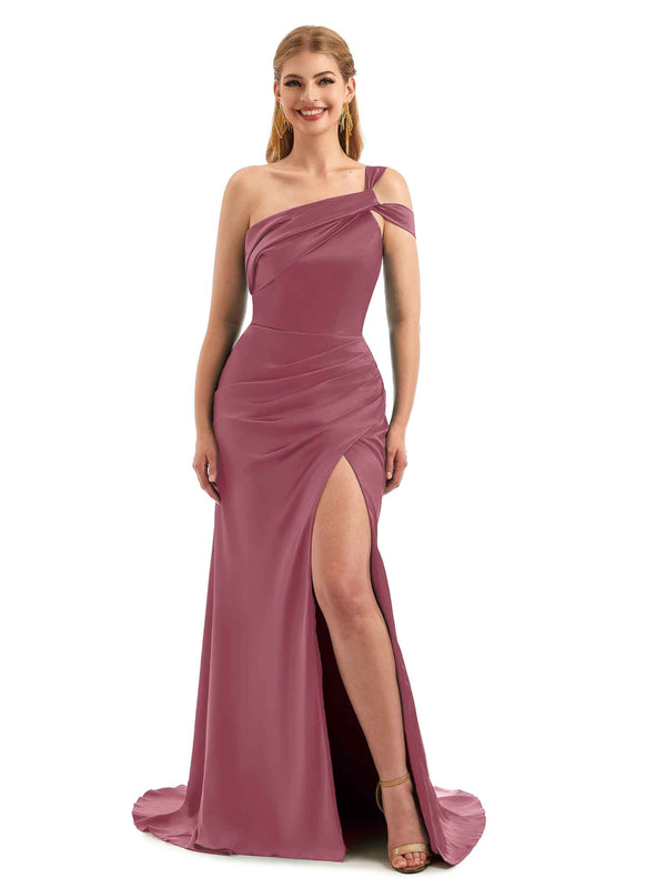 Sexy Side Slit One Shoulder Mermaid Stretch Satin Unique Long ...