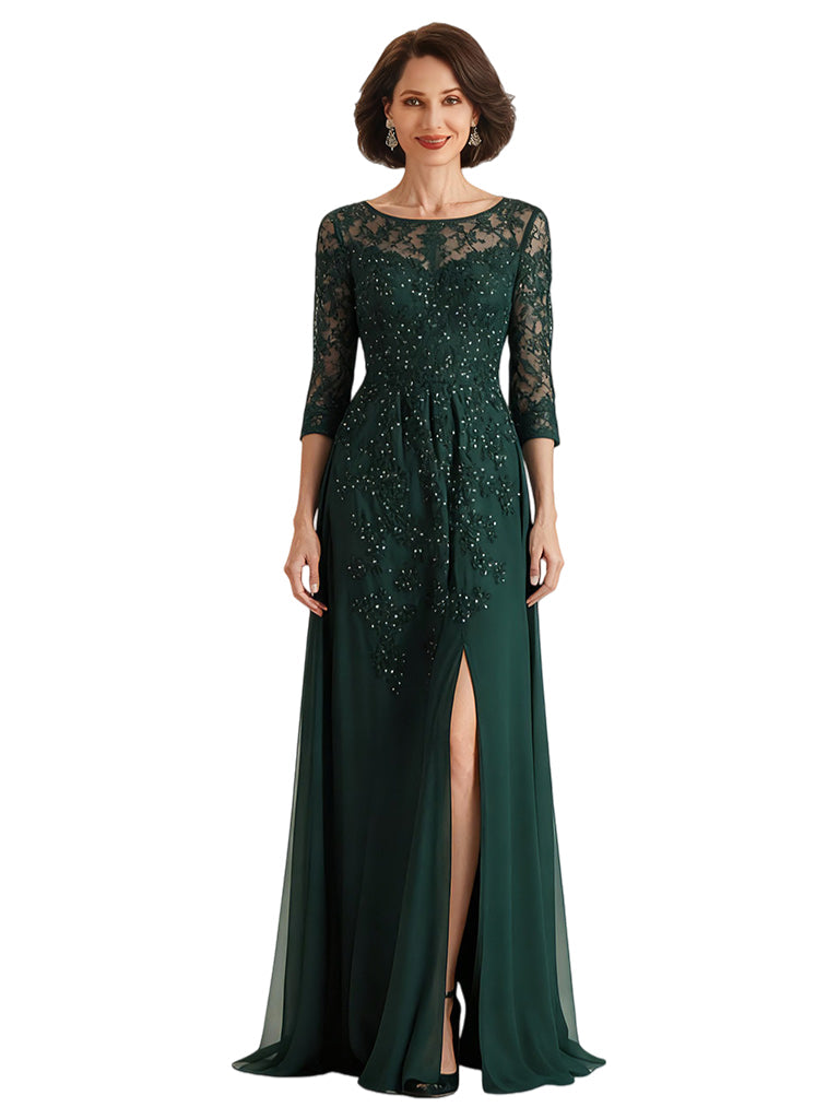 Elegant A-line Scoop Chiffon Lace Long Sleeves Mother of the Brides and Groom Dresses