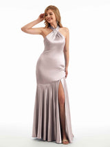 Dusk Boho Halter Neck Ruffles Satin Long Bridesmaid Dresses