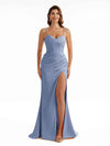 Sexy Side Slit Soft Satin Spaghetti Straps Pleats Long Mermaid Bridesmaid Dresses