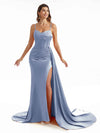 Simple Soft Satin Side Slit Spaghetti Straps Long Mermaid Bridesmaid Dresses Online