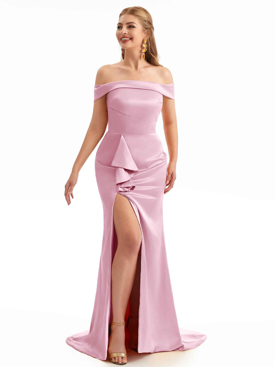 Dusty Rose Soft Satin Off-Shoulder Ruffled Slit Boho Bridesmaid Gown