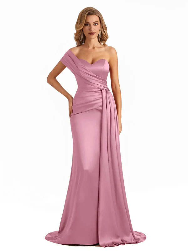 Elegant One Shoulder Soft Satin Long Mermaid Bridesmaid Dresses Online In Stock