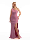 Simple Side Split One Shoulder Stretchy Crepe Long Formal Bridesmaid Dresses