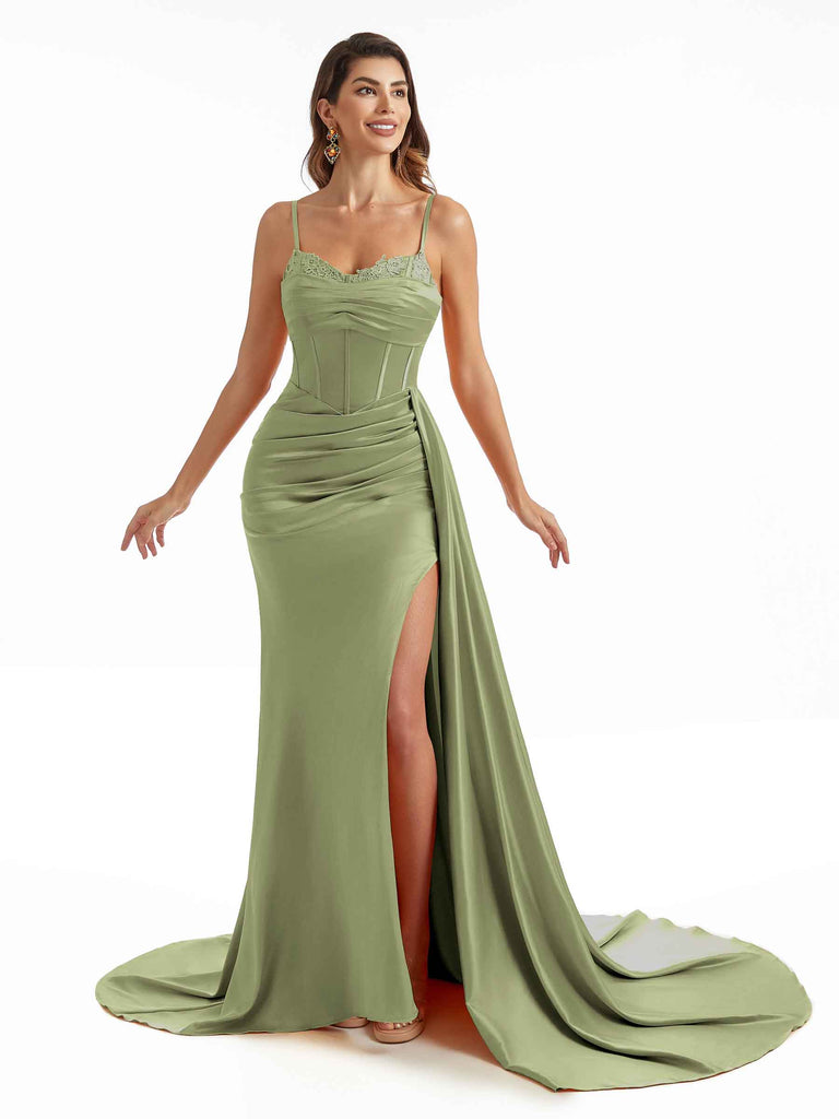 Simple Soft Satin Side Slit Spaghetti Straps Long Mermaid Bridesmaid Dresses Online