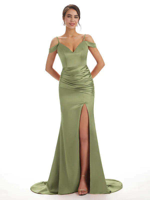 Sexy Off The Shoulder Soft Satin Side Split Long Mermaid Bridesmaid Dresses In Stock