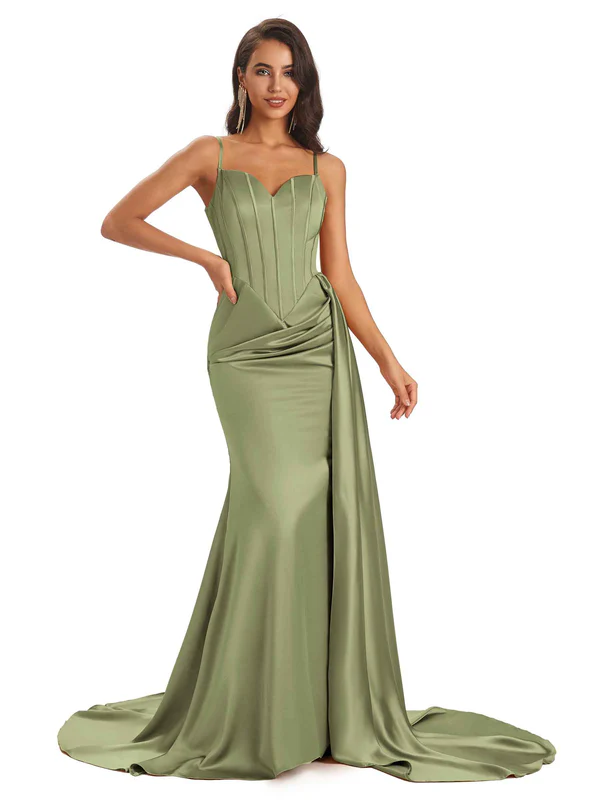 Sexy Soft Satin Mermaid Long Spaghetti Straps Floor-Length Long Bridesmaid Dresses Online In Stock