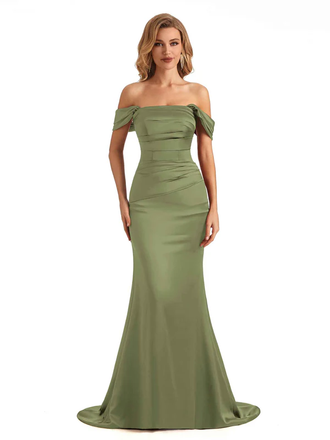 Simple Off The Shoulder Soft Satin Long Mermaid Bridesmaid Dresses In Stock