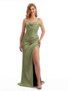 Dusty Sage Draped Neckline Satin Spaghetti Straps Corset Boho Bridesmaid Dresses