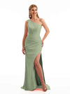 Simple Side Split One Shoulder Stretchy Crepe Long Formal Bridesmaid Dresses