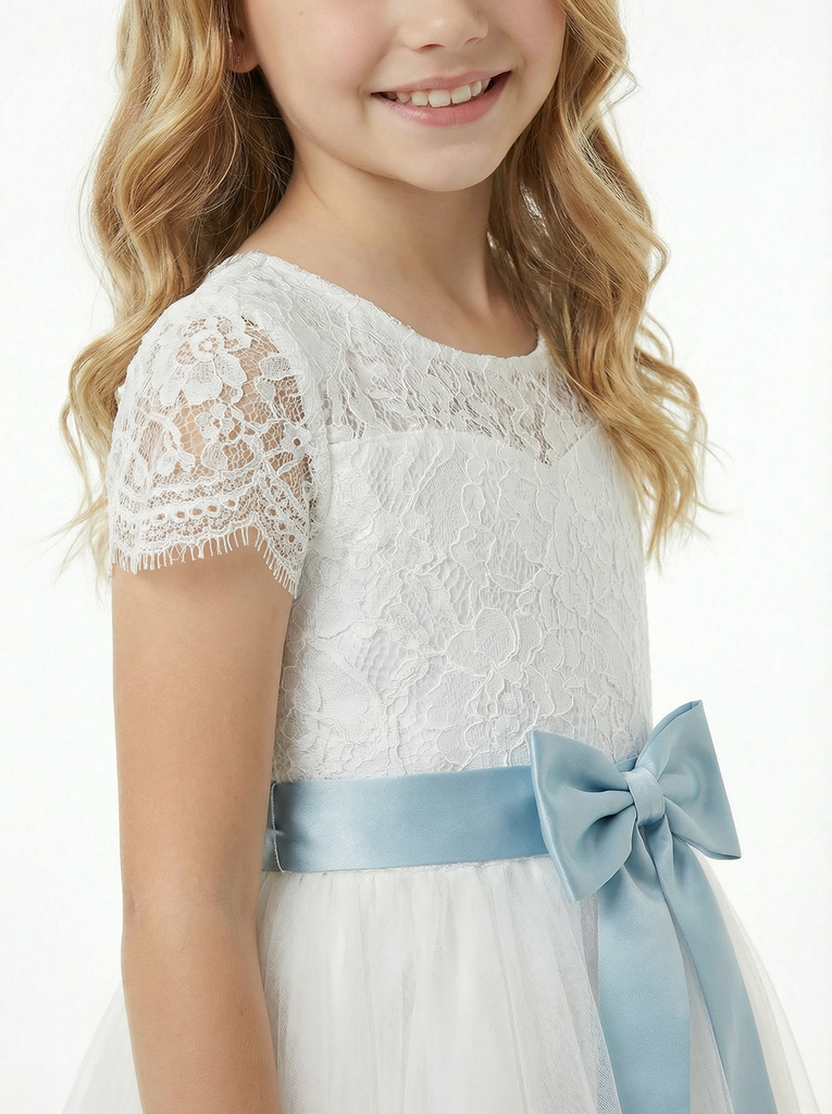 Lace Flower Girl Dress for Wedding with Round Neck Short Sleeves Tulle A Line Formal Gown
