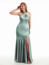 Boho Halter Neck Ruffles Satin Long Bridesmaid Dresses