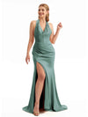 Eucalyptus Stretch Satin Halter Bridesmaid Gown