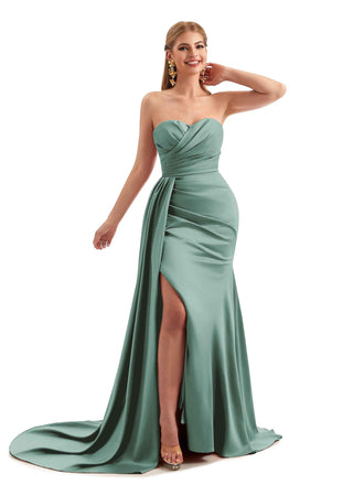 Eucalyptus Satin Side Split Long Bridesmaid Dress