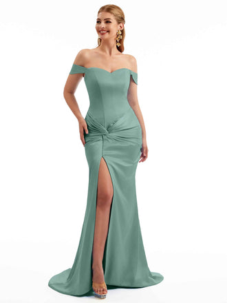 Eucalyptus Satin Off Shoulder Bridesmaid Dress