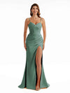 Sexy Side Slit Soft Satin Spaghetti Straps Pleats Long Mermaid Bridesmaid Dresses