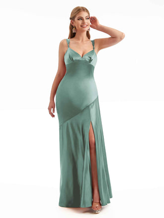 Eucalyptus Stretchy Satin Maxi Bridesmaid Dress