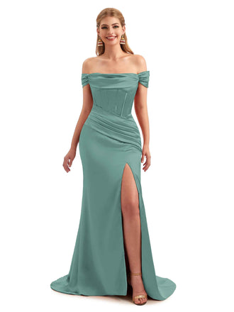 Eucalyptus Satin Off The Shoulder Bridesmaid Dress