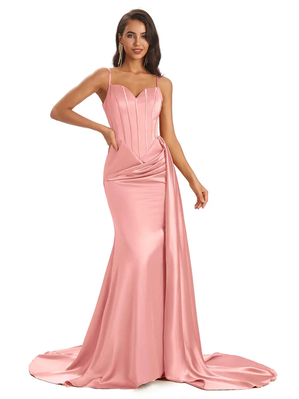 Sexy Soft Satin Mermaid Long Spaghetti Straps Floor-Length Long Bridesmaid Dresses Online In Stock