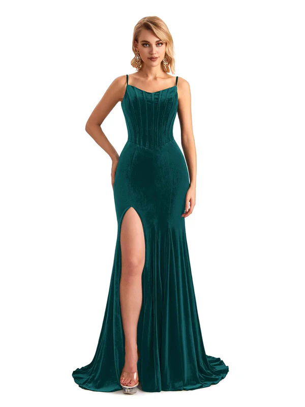 Elegant Mermaid Spaghetti Straps Side Slit Velvet Long Bridesmaid Dresses In Stock