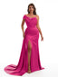 Elegant Off The Shoulder Side Slit Mermaid Satin Ruched Unique Long Bridesmaid Dresses