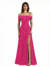 Elegant Floral Burnout Velvet Off The Shoulder Side Slit A-Line Long Formal Evening Gown Dresses