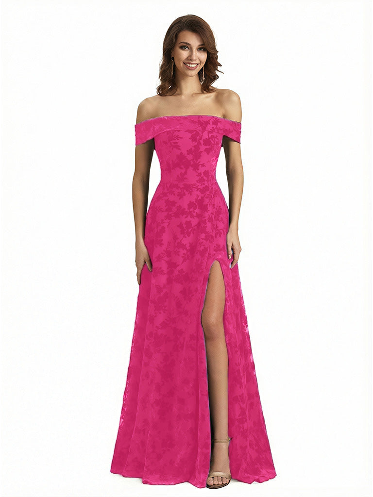 Elegant Floral Burnout Velvet Off The Shoulder Side Slit A-Line Long Formal Evening Gown Dresses
