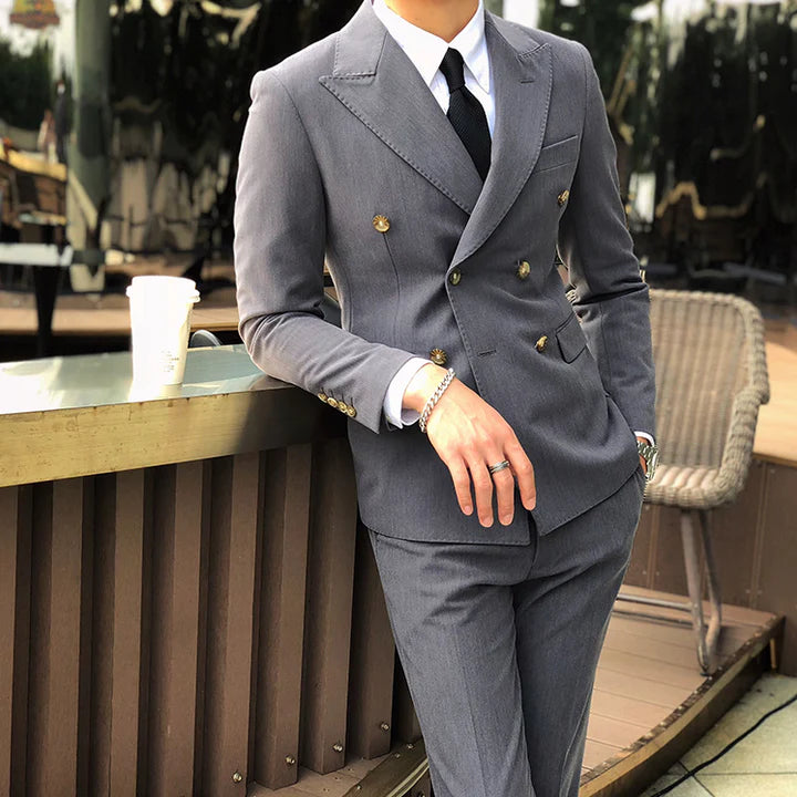 Blue Casual Men's Suit Slim Fit Double Breasted 2 Piece Business Tuxedos CN486