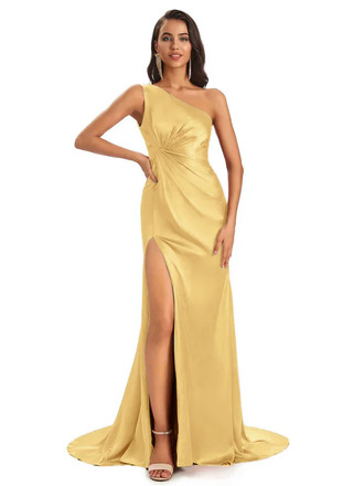 Sexy Soft Satin One Shoulder Side-Slit Floor-Length Mermaid Bridesmaid Dresses In Stock