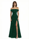 Elegant Floral Burnout Velvet Off The Shoulder Side Slit A-Line Long Formal Evening Gown Dresses