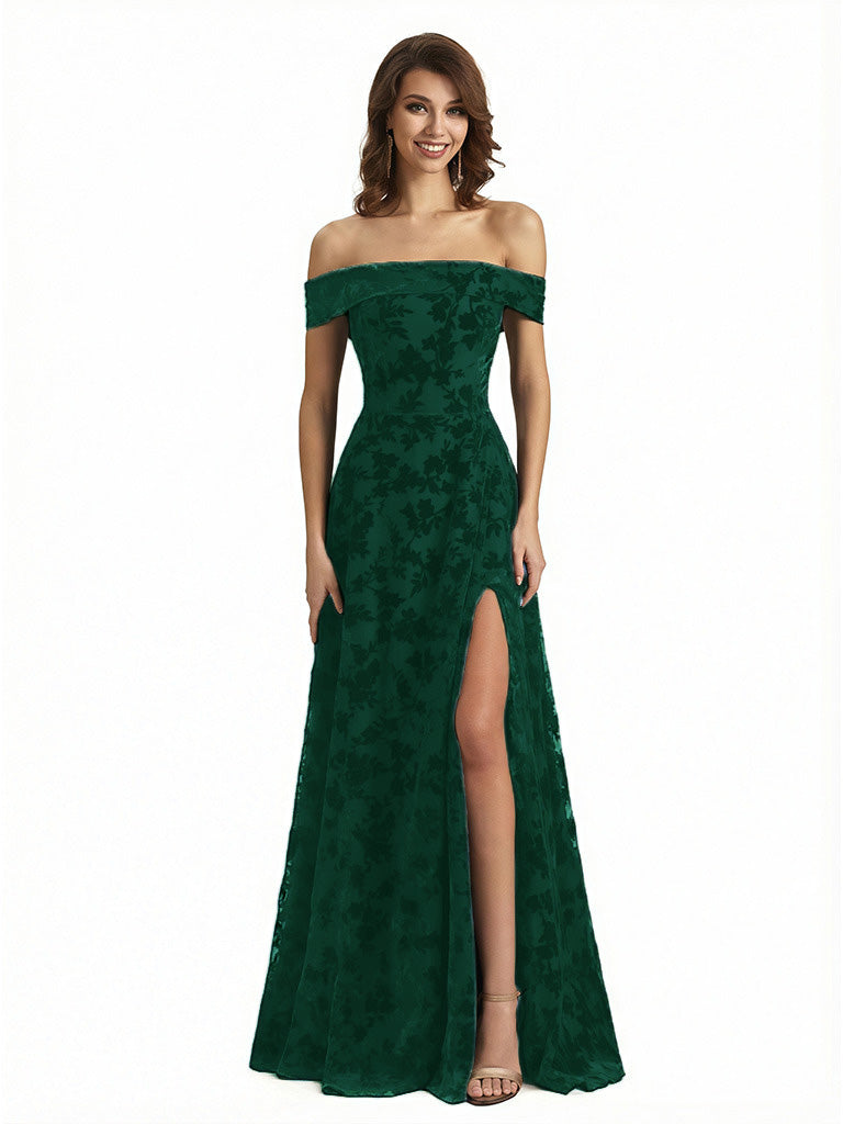Elegant Floral Burnout Velvet Off The Shoulder Side Slit A-Line Long Formal Evening Gown Dresses