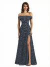 Elegant Floral Burnout Velvet Off The Shoulder Side Slit A-Line Long Formal Evening Gown Dresses