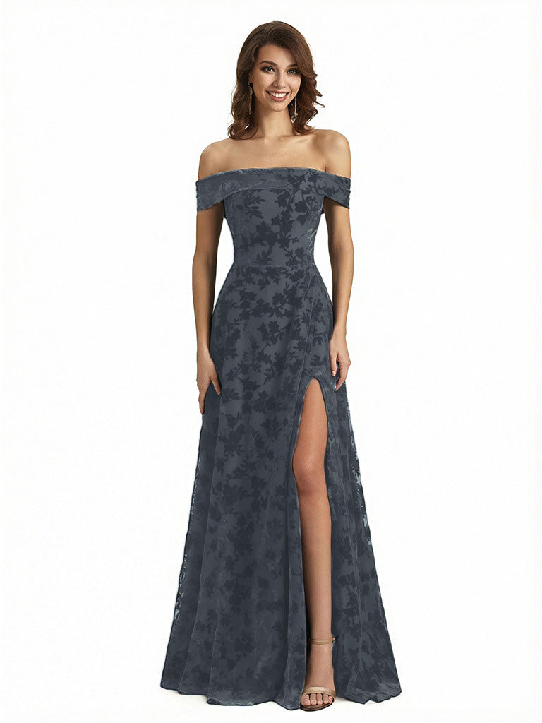Elegant Floral Burnout Velvet Off The Shoulder Side Slit A-Line Long Formal Evening Gown Dresses