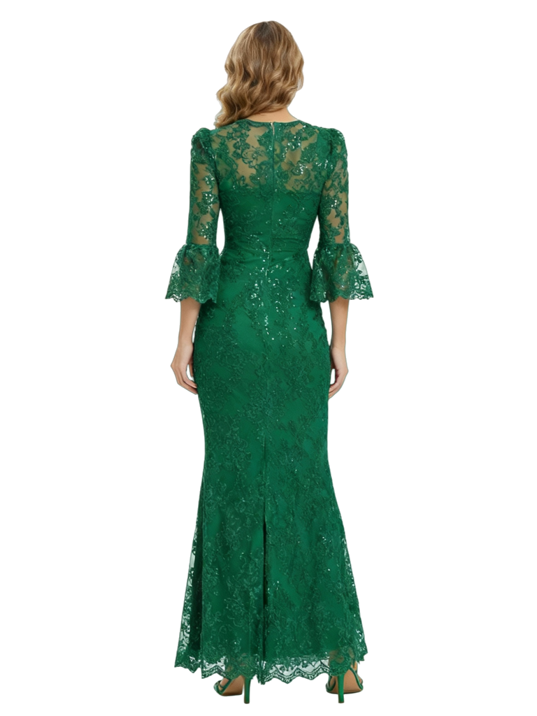 Fancy 3/4 Sleeves V-Neck Ruffles Lace Mother Of The Bride Dress Mermaid Gown