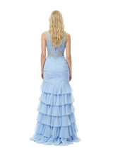 Charming V-Neck Tiered Ruffles Lace Corset Mermaid Chiffon Prom Dress