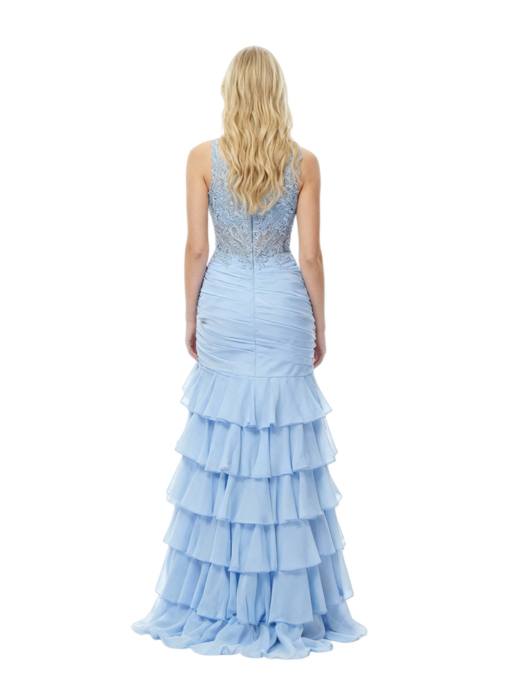 Charming V-Neck Tiered Ruffles Lace Corset Mermaid Chiffon Prom Dress