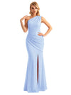 Sexy One Shoulder Mermaid Glitter Jersey Maxi Formal Evening Dresses For Women With Side Slit