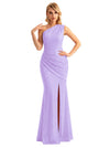 Sexy One Shoulder Mermaid Glitter Jersey Maxi Formal Evening Dresses For Women With Side Slit