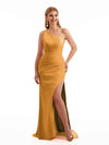 Simple Side Split One Shoulder Stretchy Crepe Long Formal Bridesmaid Dresses