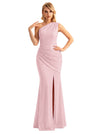 Sexy One Shoulder Mermaid Glitter Jersey Maxi Formal Evening Dresses For Women With Side Slit