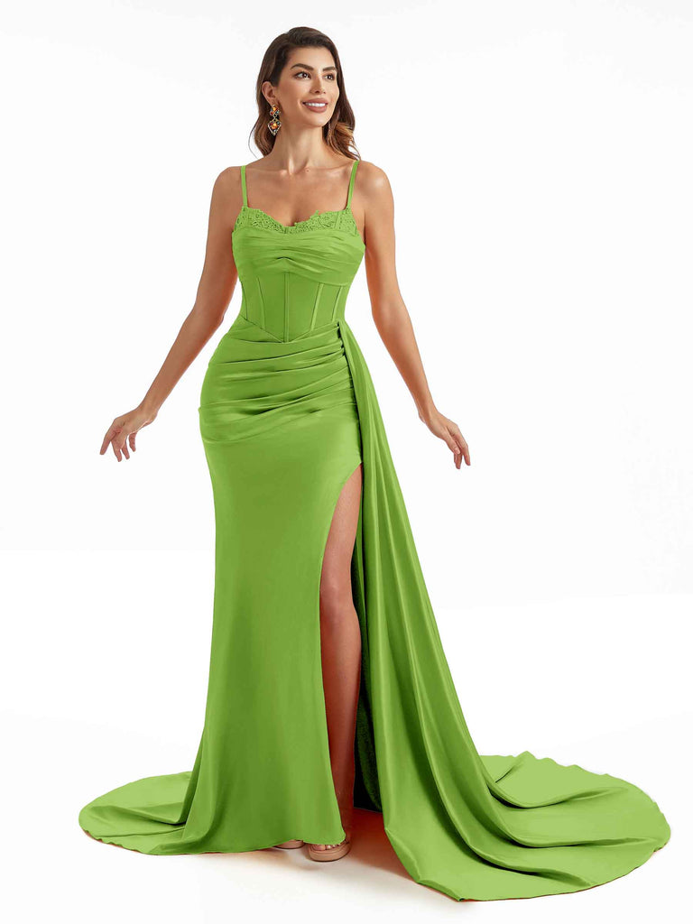 Simple Soft Satin Side Slit Spaghetti Straps Long Mermaid Bridesmaid Dresses Online