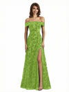 Elegant Floral Burnout Velvet Off The Shoulder Side Slit A-Line Long Formal Evening Gown Dresses