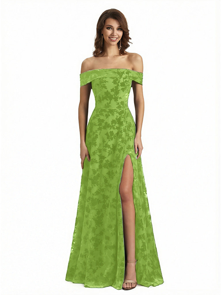 Elegant Floral Burnout Velvet Off The Shoulder Side Slit A-Line Long Formal Evening Gown Dresses