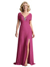Elegant Chiffon V-neck Cap Sleeves A-line Side Slit Mother of The Bride Dresses