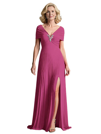 Elegant Chiffon V-neck Cap Sleeves A-line Side Slit Mother of The Bride Dresses