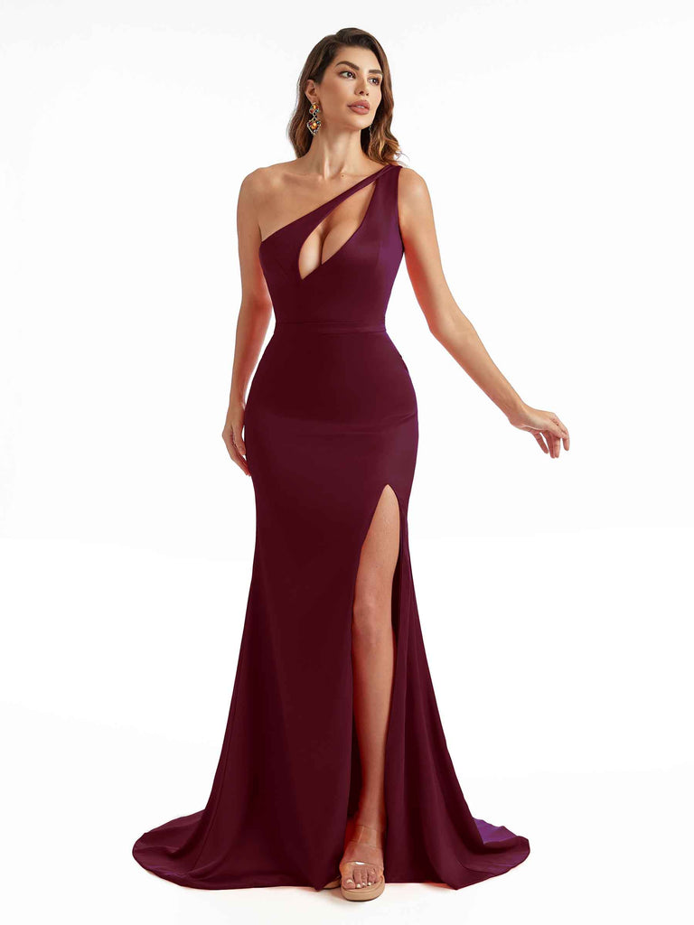 Sexy Soft Satin Side Slit One Shoulder Mermaid Floor Length Wedding Bridesmaid Dresses Online