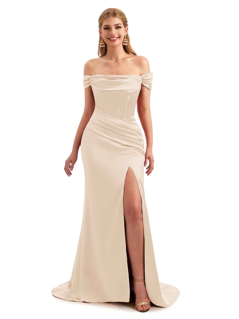 Neutral Off-Shoulder Corset Boho Floor-Length Satin Bridesmaid Dress