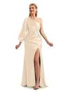 Flowy One-Shoulder Satin Bridesmaid Dress with Sleeves